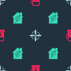 Set Electric car charging station, Wind turbine and Eco friendly house on seamless pattern. Vector