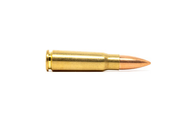 One bullet isolated on white background. Cartridge 7.62 caliber for Kalashnikov assault rifle closeup