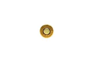 One bullet bottom isolated on white background. Cartridge 7.62 caliber for Kalashnikov assault...