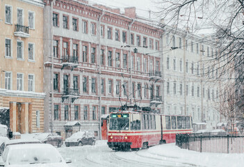 Ols-fashioned tram on the streets of St. Petersburg. 