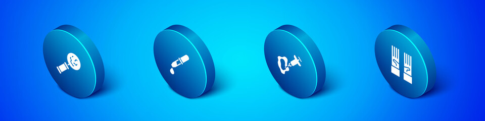 Set Isometric Microorganisms under magnifier, Syringe, Medical rubber gloves and Pipette icon. Vector