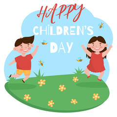 Happy children's day concept. Cartoon illustration with jumping happy smiling boy and girl.