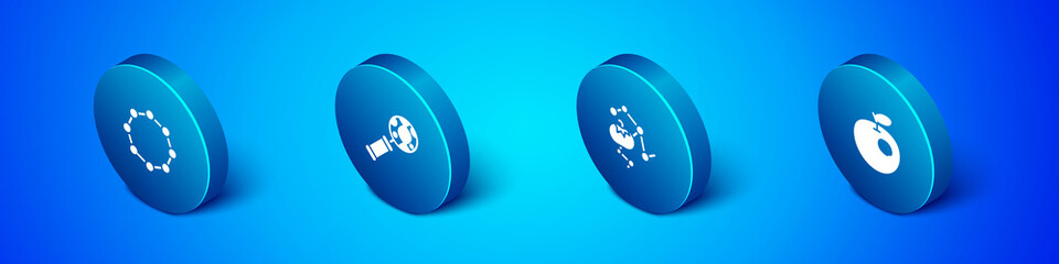 Set Isometric Chemical formula, Genetically modified food, apple and DNA research, search icon. Vector