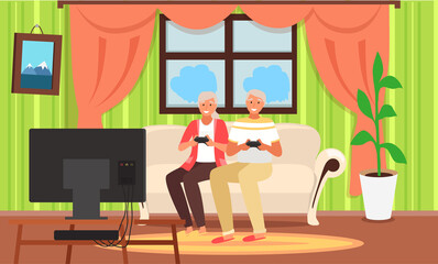 Old people play video game. Senior people with different gadgets. Oldster education on computer