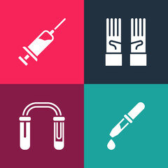 Set pop art Pipette, Test tube and flask, Medical rubber gloves and Syringe icon. Vector