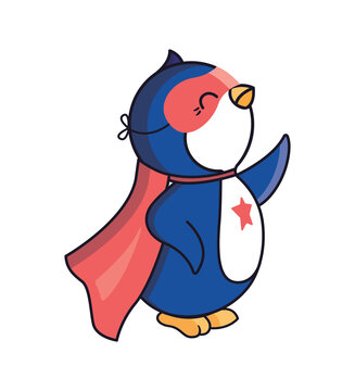 Cartoonish penguin is a super hero. The funny animal in a cloak and a mask.