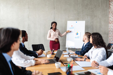 Businesswoman Pointing At Charts On Blackboard During Corporate Meeting Indoor