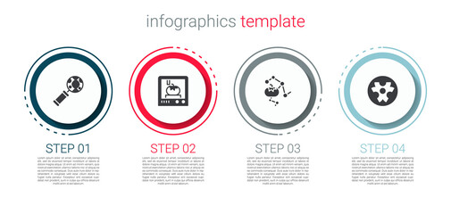 Set DNA research, search, 3D printing technology, Genetically modified food and Biohazard symbol. Business infographic template. Vector