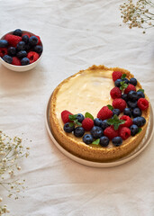 Cheesecake with berries on a white background. Side view.