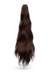 Detail shot of brown wavy ponytail for hair extension. Natural looking false hairpiece is isolated on the white background. 