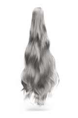Naklejka premium Detail shot of iron-grey wavy ponytail for hair extension. Natural looking false hairpiece is isolated on the white background. 