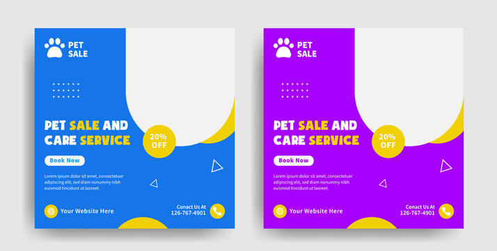 colorful modern pet care, sale and service social media post and web banner template