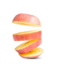 Flying apple pink. Sliced apple pink isolated on white background. Levity fruit floating in the air.