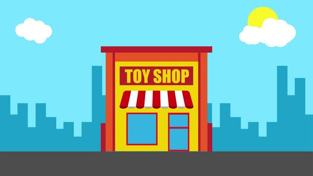 toy shop front exterior facade animation.flat design.toy shop building 4K motion animation