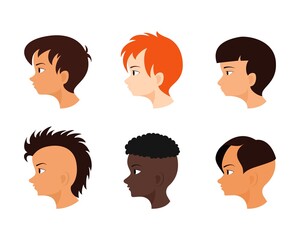 Male face in profile. Boys avatar set. Collection of children ha