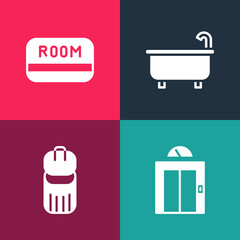 Set pop art Lift, Trash can, Bathtub and Hotel key card icon. Vector