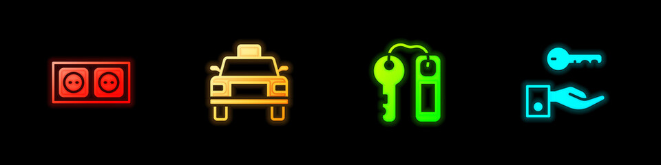 Set Electrical outlet, Taxi car, Hotel door lock key and icon. Vector