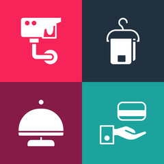 Set pop art Digital door lock, Covered with tray, Towel on hanger and Security camera icon. Vector