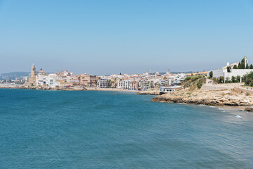 Panorama of the world-famous resort of Sitges, a city in Spain at the Mediterranean Sea