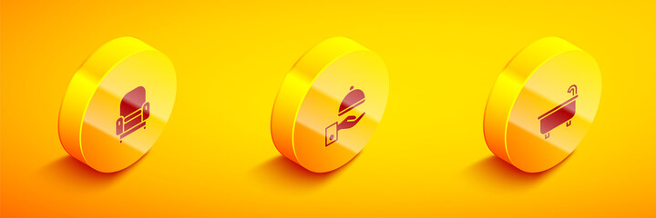 Set Isometric Armchair, Covered with tray and Bathtub icon. Vector
