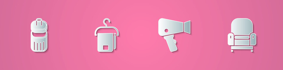 Set paper cut Trash can, Towel on hanger, Hair dryer and Armchair icon. Paper art style. Vector