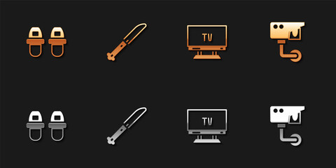 Set Hotel slippers, Knife, Smart Tv and Security camera icon. Vector