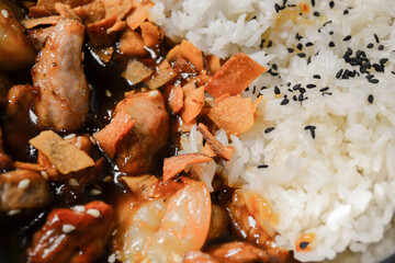 Close-up of a Vietnamese dish with rice sprinkled with black sesame seeds and beef in gravy with fried carrots and onions