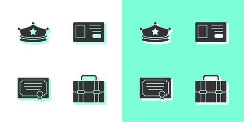 Set Briefcase, Police cap with cockade, Certificate template and Identification badge icon. Vector
