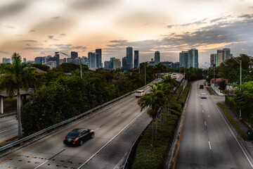 traffic in the city Miami Florida horizon buildings 