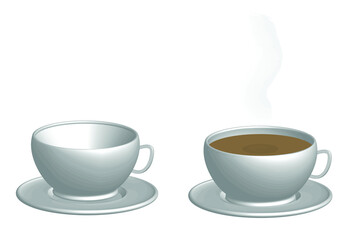 Cup of coffee and dish on white background.Blank ceramic glass mockup.Black and brown beverage.