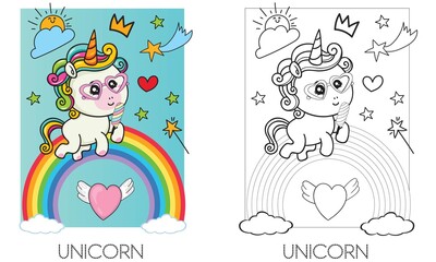 Cute Unicorn Vector with Coloring Page