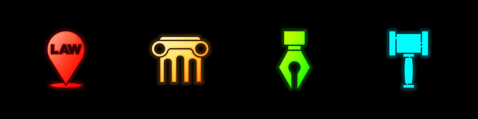 Set Location law, Law pillar, Fountain pen nib and Judge gavel icon. Vector