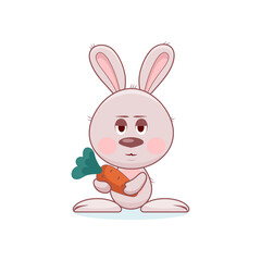Surprised cute gray rabbit or hare with long ears, big ears and pink cheeks looks in surprise, holding an orange carrot in his paws, vector image of an emoticon, eps 10, isolated on white