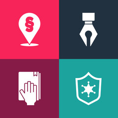 Set pop art Police badge, Oath on the Holy Bible, Fountain pen nib and Location law icon. Vector