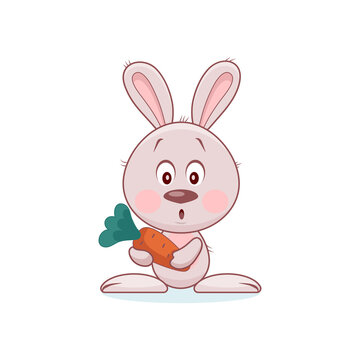 Surprised cute gray rabbit or hare with long ears, big ears and pink cheeks looks in surprise, holding an orange carrot in his paws, vector image of an emoticon, eps 10, isolated on white