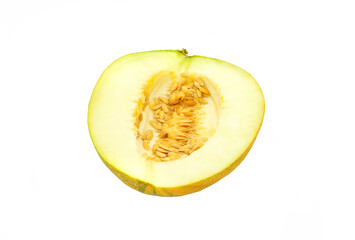 Cut melon with seeds isolated on white background