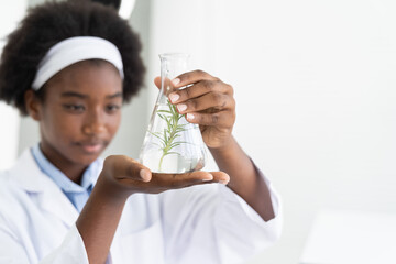 African American girl scientists holding glassware for tests of plants in the classroom. Girl learning science and doing analysis in the laboratory. Science experiment. Early development of children