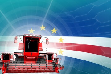 Digital industrial 3D illustration of red modern rural combine harvesters on Cabo Verde flag, farming equipment modernisation concept