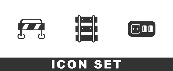 Set Road barrier, Railway, railroad track and Electrical outlet icon. Vector