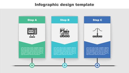 Set Ticket office to buy tickets, Vintage locomotive and Railway. Business infographic template. Vector