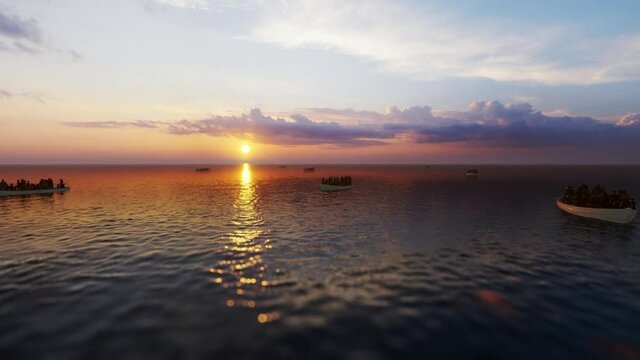 Refugees On Small Boats Sailing Over Sea Against Beautiful Sunrise