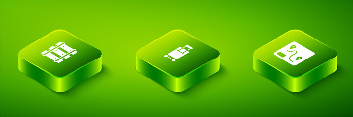 Obraz premium Set Isometric Suitcase, Route location and Railway, railroad track icon. Vector