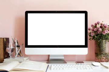 Mock up of stylish accessories on desk at home office. Blank copy space screen of personal...