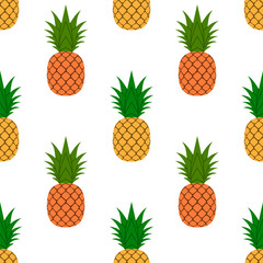 Pineapple, leaf seamless pattern. Tropical fruits textile texture isolated white background. Food print, fabric wrapping decorative backdrop. Nature concept. Repeat design element. Vector illustration