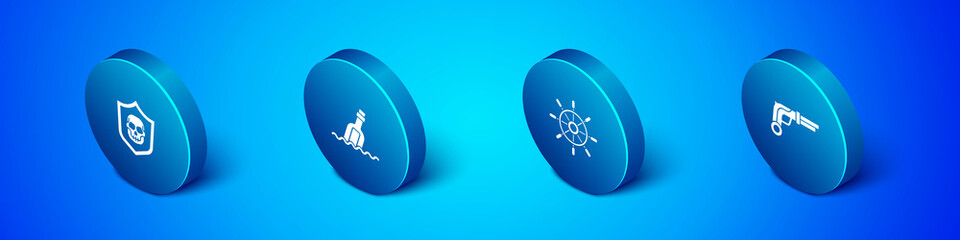 Set Isometric Shield with pirate skull, Ship steering wheel, Vintage pistols and Bottle message water icon. Vector