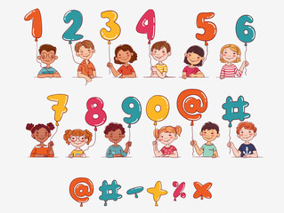 Funny kids with number balloons. Vector cute boys and girls collection. Multi-ethnic group of happy children. Different cartoon faces
