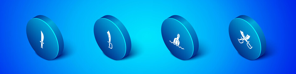 Set Isometric Pirate sword, Bottle with message in water, Crossed pirate swords and icon. Vector