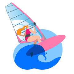 Girl ride a Board with a sail. Vector icon or sticker in a flat style on the theme of surfing.