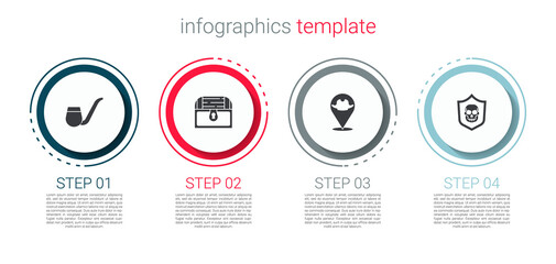 Set Smoking pipe, Antique treasure chest, Location pirate and Shield with skull. Business infographic template. Vector