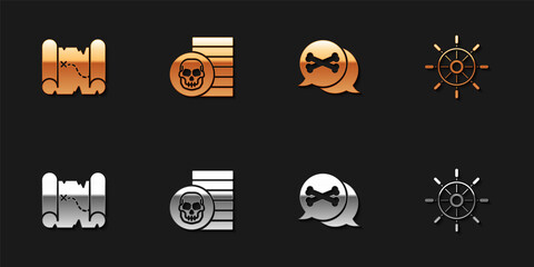 Set Pirate treasure map, coin, Location pirate and Ship steering wheel icon. Vector